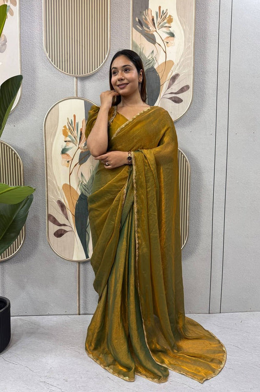 Bronze Color Space Silk Gown Saree with Beads Lace & Dupatta