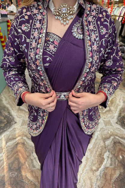 Wine Rangoli Silk Ready-to-Wear Saree with Embroidered Blouse, Koti