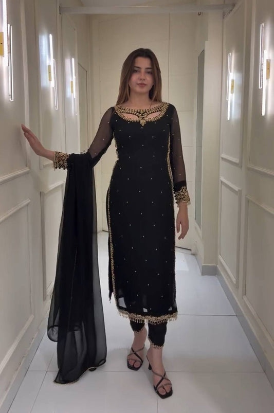 Black Color Designer Suit Set with Pearl Moti Work