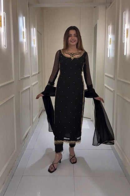Black Color Designer Suit Set with Pearl Moti Work