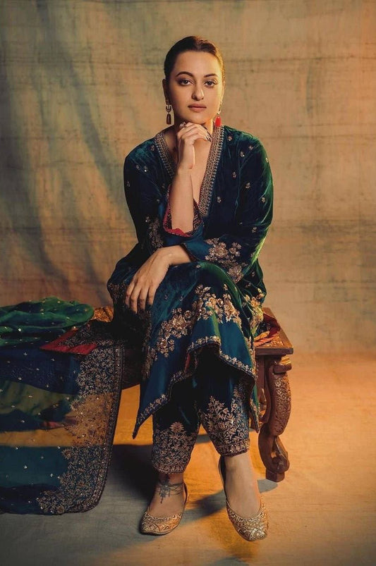 Sonakshi Sinha Inspired Rama Green Velvet Kurta Set