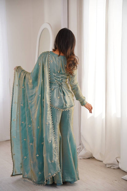 Steel Green Fendy Silk Sharara Suit
