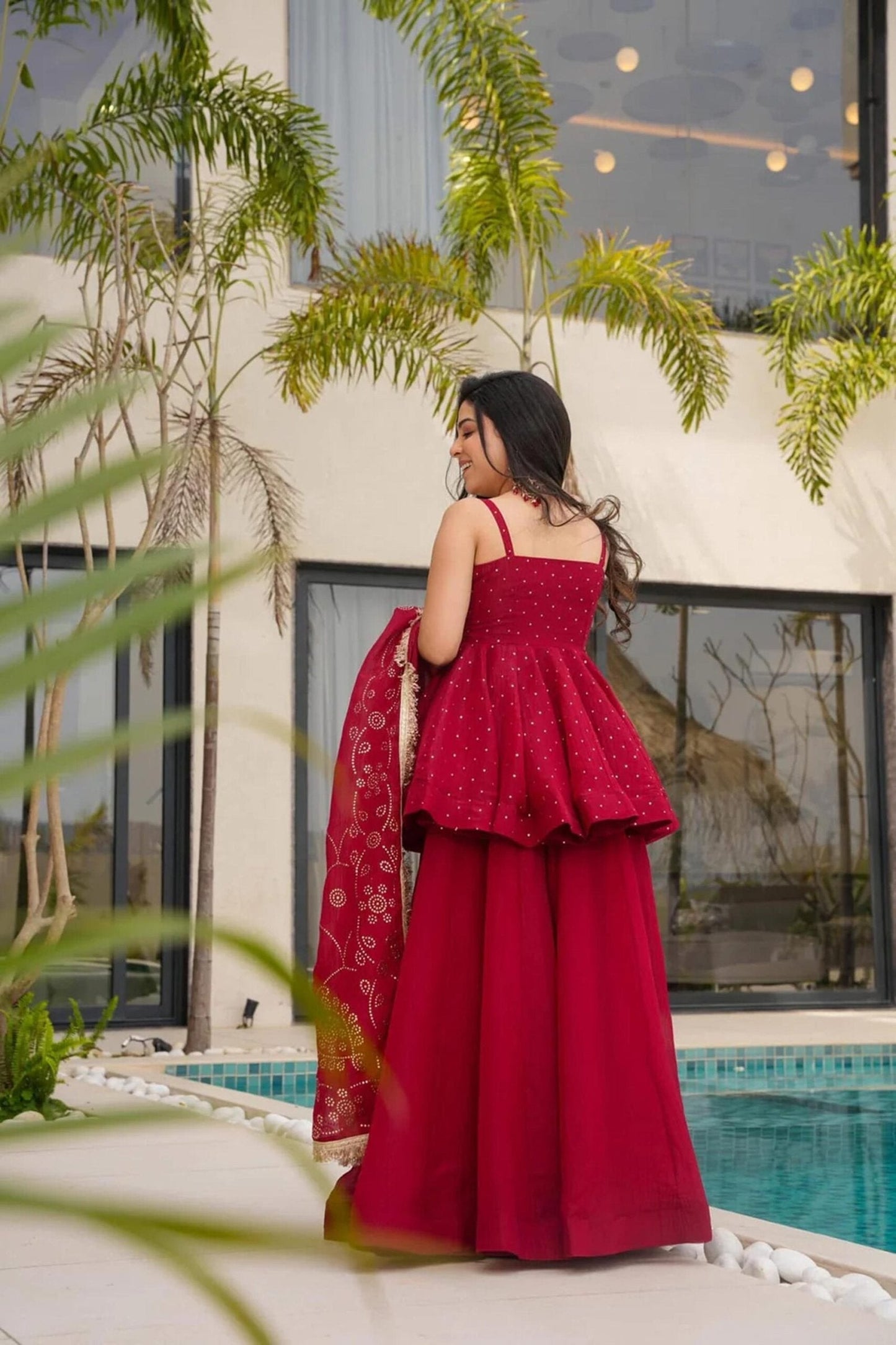 Cherry Red Tabby Organza Mukesh Work Palazzo Suit